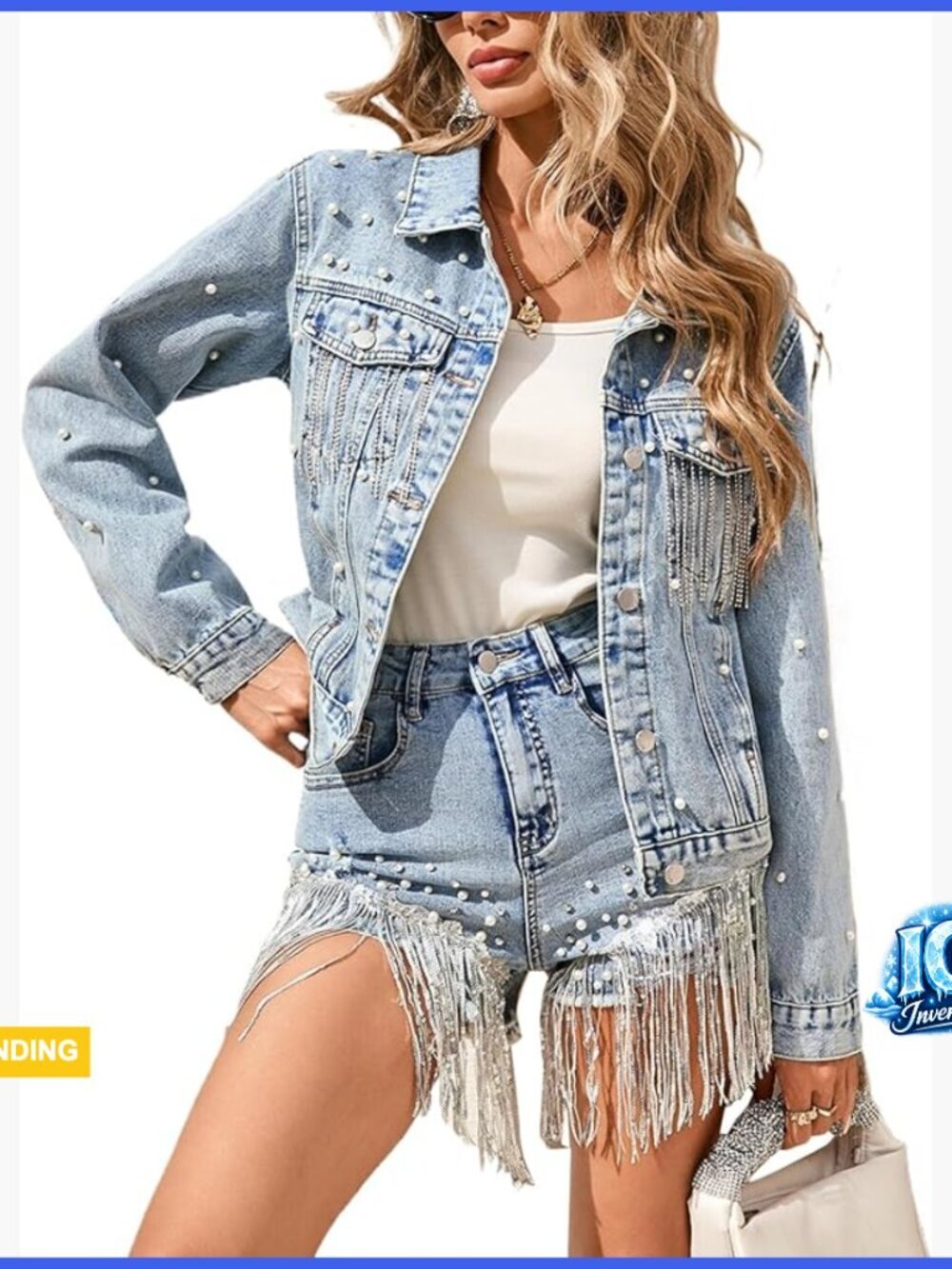 Pearl Tassel Denim Jacket with Heart Back Fringe